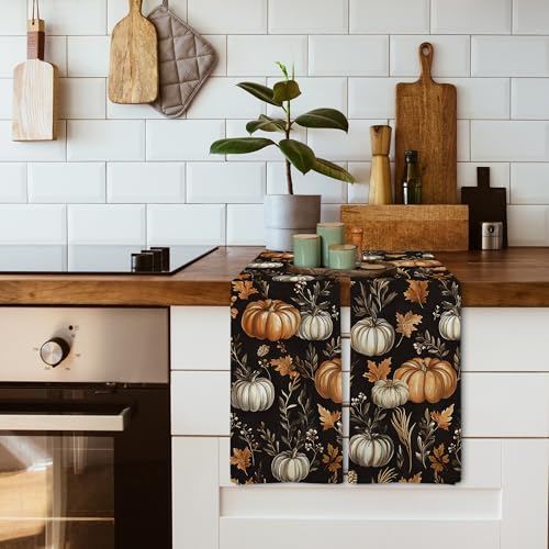 Fall Pumpkin Kitchen Towels Set with Black Pumpkin Design - 2 Pack 16x24 Inch