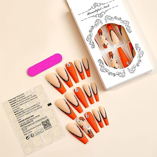 Halloween Press On Nails Long Coffin Orange French 24Pcs - Ghost & Pumpkin Design