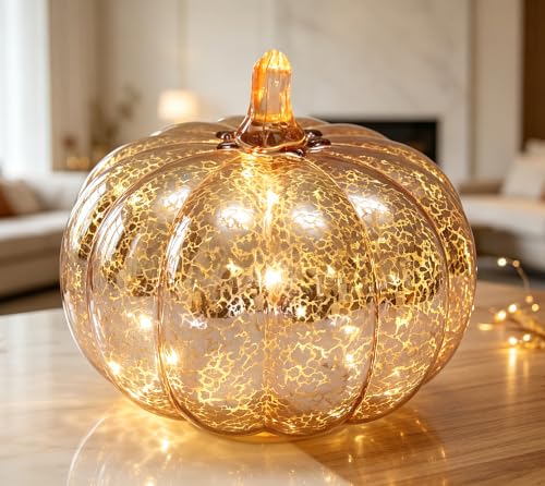 Mercury Glass Pumpkin Light with Timer - Rosegold Fall Halloween Decor with Fairy Lights