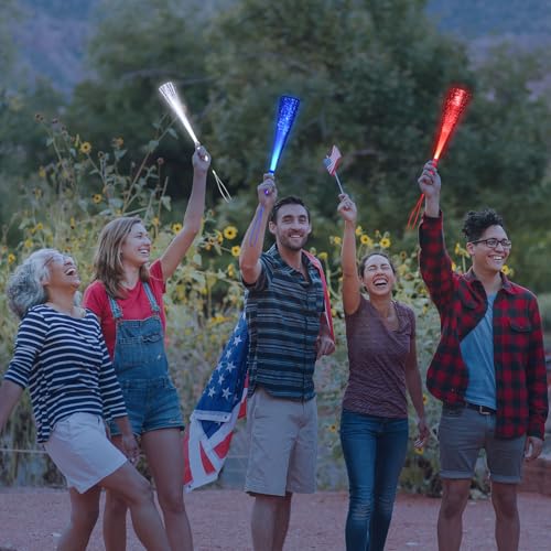 July 4th Glow Fiber Wands - 48 Pack Red Blue White LED Light Sticks with 3 Modes