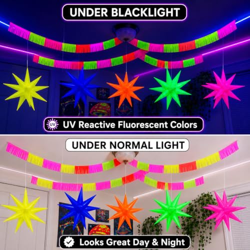 Glow in The Dark Neon Party Decorations Set – Star Balloons & Streamers for Birthday & Event Backdrops