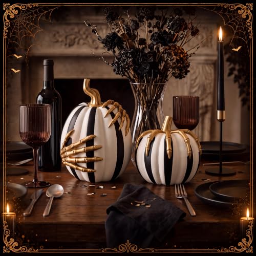 Halloween Black and White Pumpkin Decor Set with Skeleton Hands - Indoor Outdoor Resin Decorations