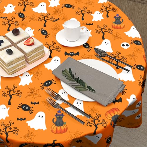 Halloween Round Tablecloth 60 Inch - Fall Pumpkin & Ghost Design for Party & Dining