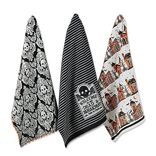 Halloween Dishtowel Set - Skull Damask & Haunted House Embellished Cotton Kitchen Towels, 3 Pack, 18x28 Inches