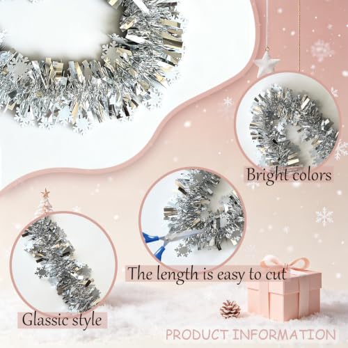 33FT Silver Christmas Tinsel Garland with Snowflakes for Holiday Decor