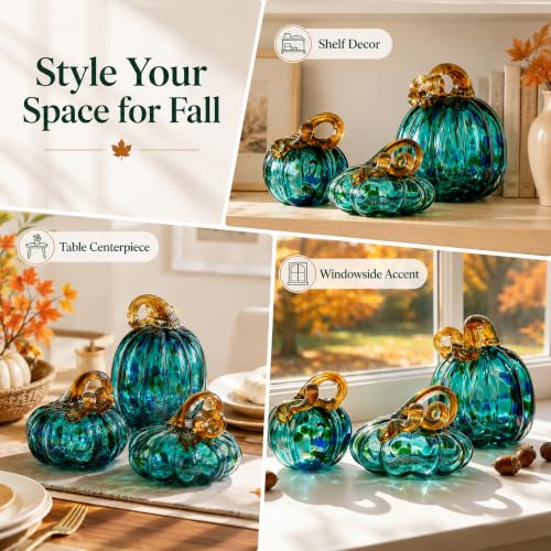 Green Blown Glass Pumpkins Figurines - Fall Thanksgiving Halloween Decor - Set of 3