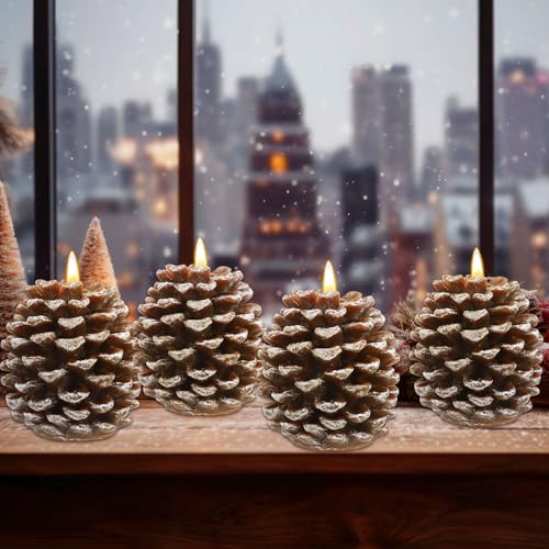 4 Pcs LED Pine Cone Flameless Candles Battery Operated Holiday Decor - Warm Light