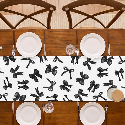Black Bow Party Table Runner for Birthday Halloween Coquette Decor 13x72in