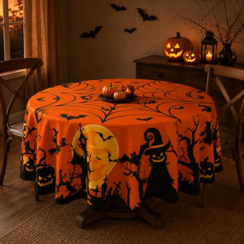 Halloween Round Tablecloth 60 Inch Pumpkin Spider Web Bat Water-Resistant Reusable Table Cover - Orange