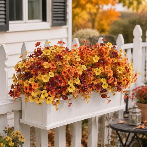 Artificial Fall Flowers Set - 12 Lifelike Daisies & Eucalyptus for Outdoor Porch Decor - Orange Brown Yellow Variation