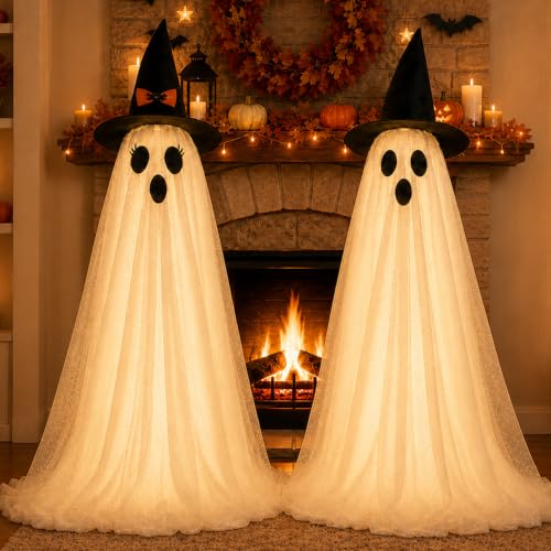 Lighted Halloween Ghost Decor Set - 82 Inch Adjustable, Warm White, 2 Pack