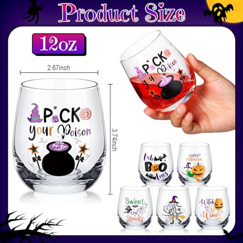 Halloween Wine Glass Set - Spooky 12oz Stemless Drinking Cups for Party, Gift, Halloween Decor