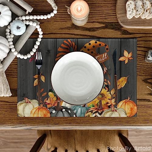 Black Rectangular Fall Gnome Leaves Pumpkins Placemats Set of 6, 12 x 18 Inches
