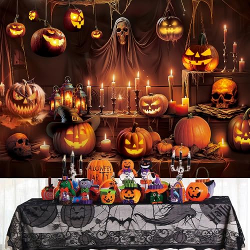 Halloween Horror Skeleton Pumpkin Lantern Backdrop - 7x5FT Spooky Party Banner