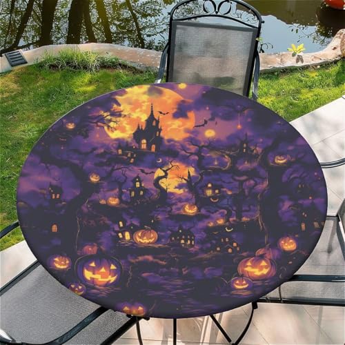 Halloween Spooky Round Fitted Waterproof Tablecloth 48 Inch for Indoor Outdoor