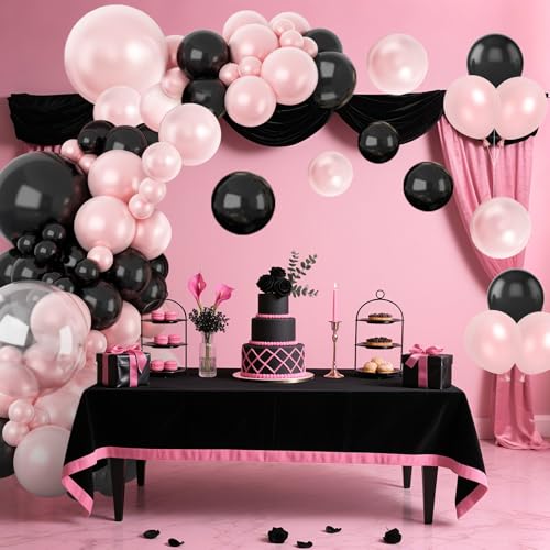 Pink Black Balloon Arch Kit - Double Stuffed Pearl Pink & Black Balloons - Variation of Pink Black