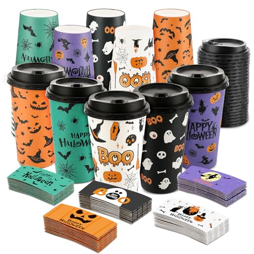 50 Pack Halloween Disposable Coffee Cups 16oz with Lids & Sleeves - Spooky Party Drinkware