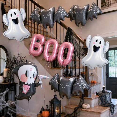 Pink Boo Halloween Balloons Set - Foil Ghost Bat Decor for Party & Yard