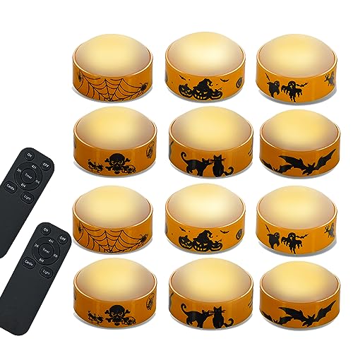 Halloween LED Pumpkin Lights with Remote Control - 12 Pack Orange with Decals