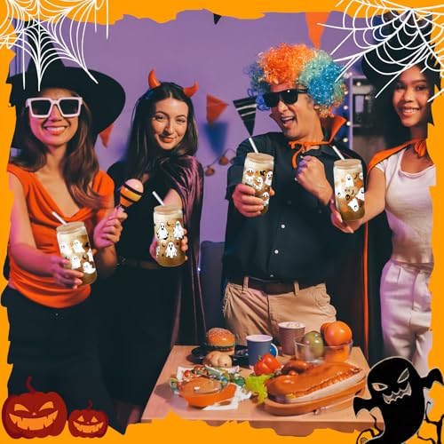 6 Pcs Halloween Glass Cups with Bamboo Lids & Straws - White, 16 Oz Set