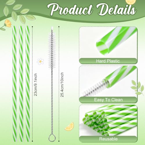 Reusable Plastic Straws Bulk - Green & White Stripe, 50 Pack