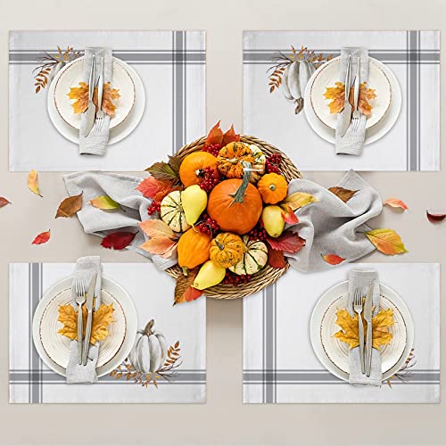 Gray 6-Piece Fall Thanksgiving Placemats with White Pumpkin Leaf Design - Cotton Linen Washable Table Mats