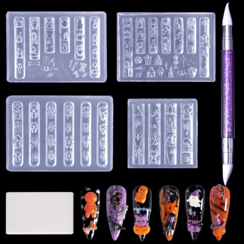 Halloween Nail Art Silicone Molds Set - Spooky Ghost Pumpkin Gothic Designs with Carving Tools - Mischief Sprites Variation