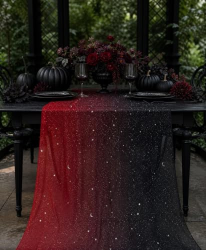 Black & Red Sequin Sheer Table Runner 120 Inch - 6pcs, Gauze Tulle Holiday & Wedding Decor