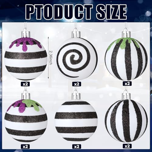 Halloween Christmas Black & White Ball Ornaments Set - Stripe Variation, 12 pcs