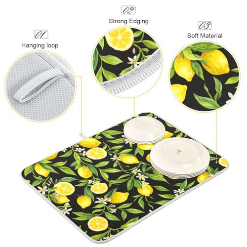 Yellow Lemon on Black Dish Drying Mat - 18x24 Inch Microfiber Kitchen Counter Protector