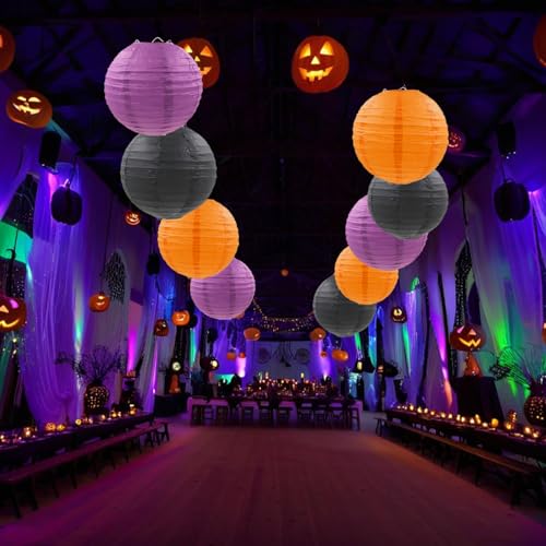 Halloween Paper Lanterns Set - Purple, Orange, Black Hanging Decorations, 9 Pieces