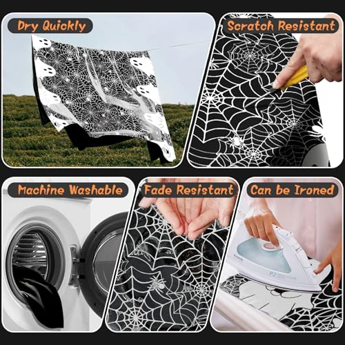 Halloween Spooky Ghost and Spider Web Tablecloth 60x84 Inch Black - Washable & Reusable