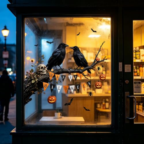 Halloween Crow Window Clings - Pumpkin & Whimsical Fall Decals for Glass