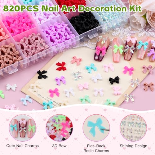 Bowknot Nail Charms Set - 820pcs Colorful Flatback Resin Bows for Nails & DIY Crafts