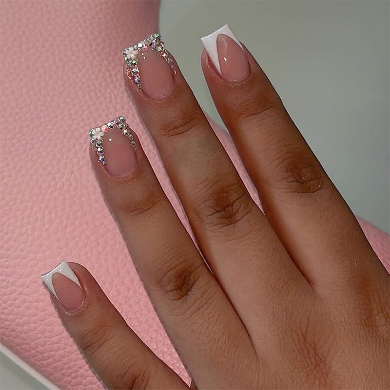 Square Press On Nails Short Fake Nails with Rhinestones French Tip Style 8