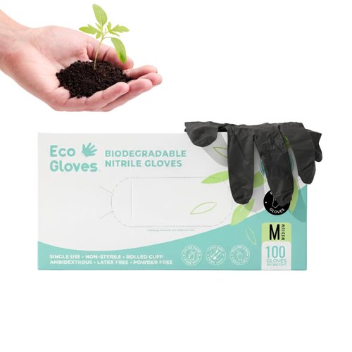Biodegradable BLACK Nitrile Disposable Gloves, 4 Mil, Powder Free, Latex Free, Food Safe, Cleaning (100, Medium)