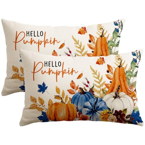Artscope Fall Pumpkin Throw Pillow Covers 12x20 Set of 2 - Blue Autumn Home Decor