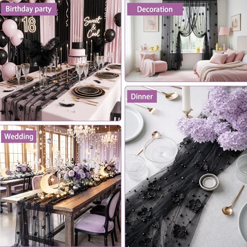 Black Pearl Tulle Table Runner - 6 Pcs 29x120 Inch Gothic Wedding Decor