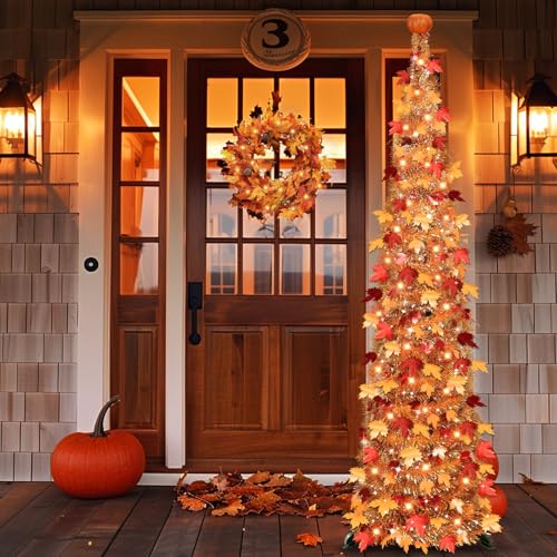6FT Fall Pop Up Tinsel Tree with Lights - Battery Operated Autumn Decor