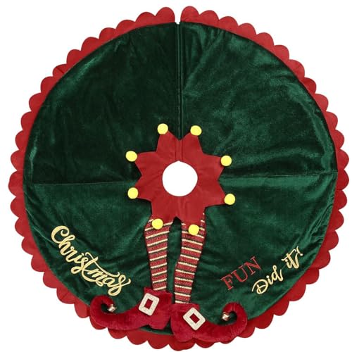 Elf Christmas Tree Skirt 48 Inch Velvet Holiday Decor with Ripple Trim