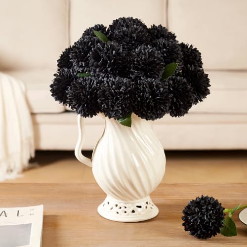 Black Artificial Chrysanthemum Flowers Ball Set - 12 Faux Flowers for Decor
