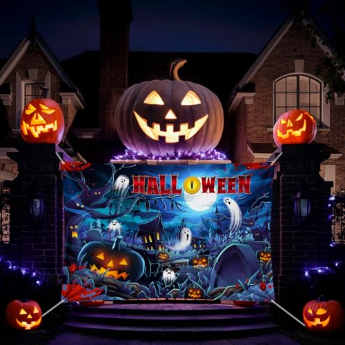Navy Blue Halloween Banner - 185x110cm Haunted Tombs & Ghosts Photo Background