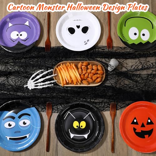 48 Pcs Halloween Paper Plates Set - Disposable Party Dinnerware with Pumpkin, Ghost, Skeleton, Bat & Cat Designs - 9 Inch