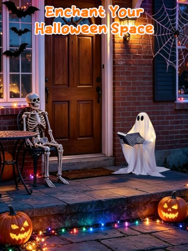 Standing Reading Ghost Halloween Decoration with Lights - 80cm Whimsical Ghost with Book & 8 Lighting Modes - Battery Operated, Weighted Base, Remote Control