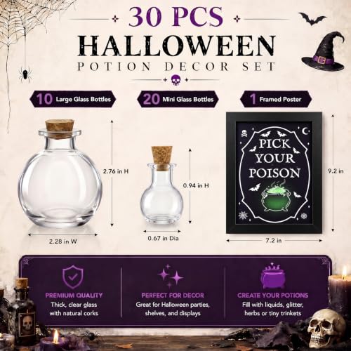 Halloween Potion Glass Bottle Set - 30 Decorative Alchemist Bottles with Cork Stoppers
