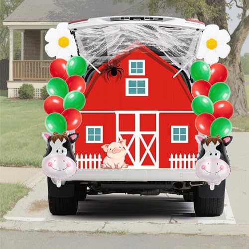 Farm Halloween Trunk or Treat Car Decorations Kit - Barn Banner, Balloons & Web