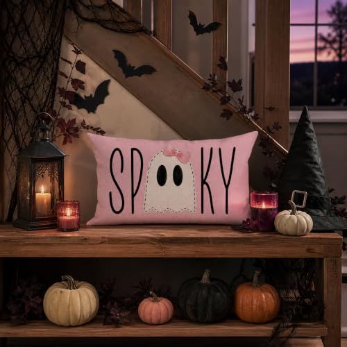 Pink Halloween Throw Pillow Cover 12x20 Spooky Ghost Decor - Pack of 1