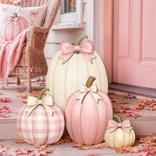 Fall Pink Pumpkin Decor Set with Bows - Outdoor Porch Halloween Autumn