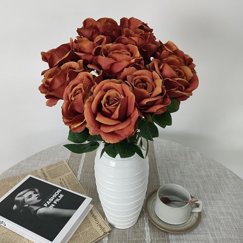 Artificial Burnt Orange Roses Bouquet - Fall Floral Arrangement with Realistic Texture & 3.94-Inch Heads - Variation of Burnt Orange 20/20
