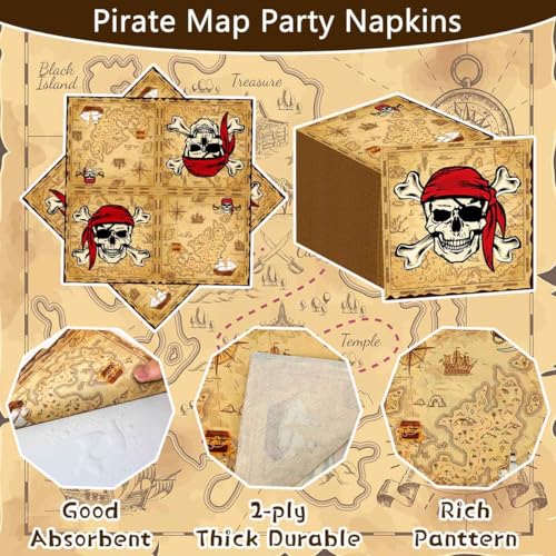Pirate Party Napkins Set 80 Pack 13 x 13 Inch Treasure Map Theme Decorations